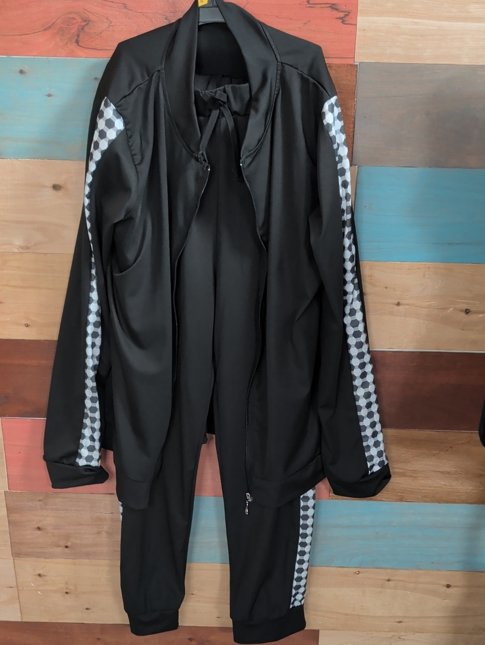 Black Women's Track Pantsuit with Checker Stripe Accents